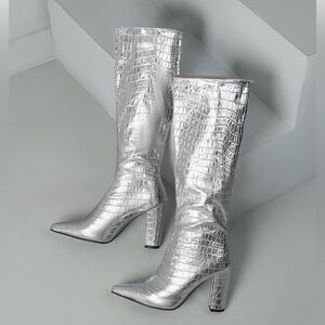 Silver Knee High Faux Snakeskin Boots 4" Chunky Heel Size 41 Pointed Toe, Nwot